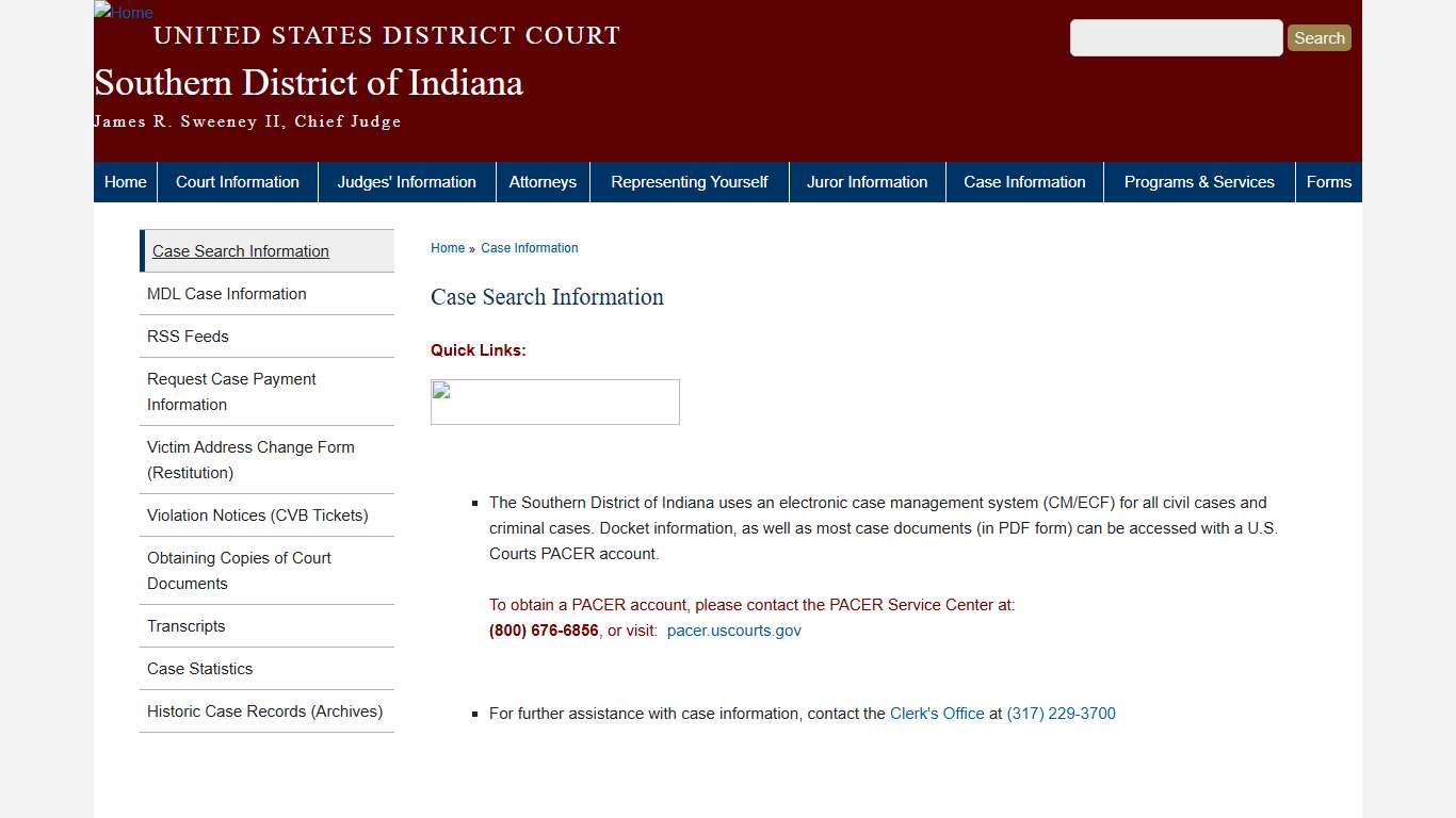 Case Search Information | Southern District of Indiana | United States District Court
